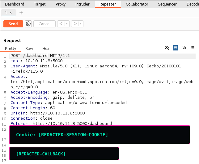 Headless Dashboard Request in Burp Suite, redacted