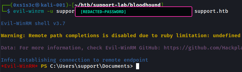 Evil-WinRM Verbindung als support mit redacted Credential